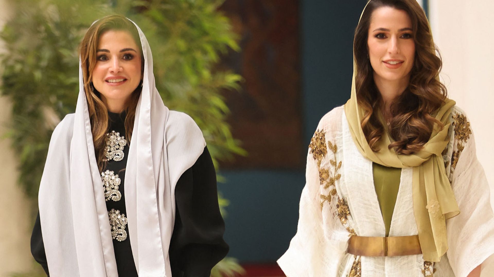 Rania de Jordania y su futura nuera: unidas por un cinturón, pendientes 'plumaje' y el mismo look de invitada