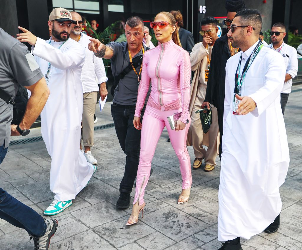 JEDDAH, SAUDI ARABIA - APRIL 19: Jennifer Lopez walks in the paddock as a guest of Ferrari during qualifying ahead of the F1 Grand Prix of Saudi Arabia at Jeddah Corniche Circuit on April 19, 2025 in Jeddah, Saudi Arabia. (Photo by Kym Illman/Getty Images)