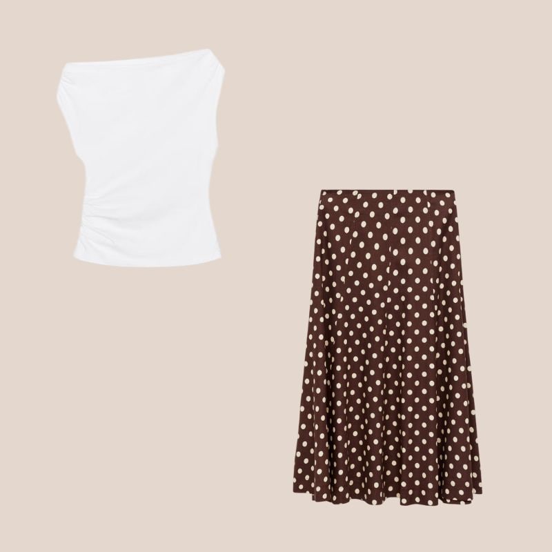 top blanco y falda de lunares