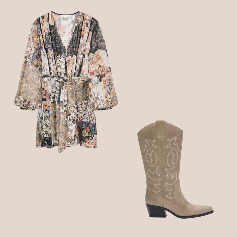 vestido de flores con botas cowboy