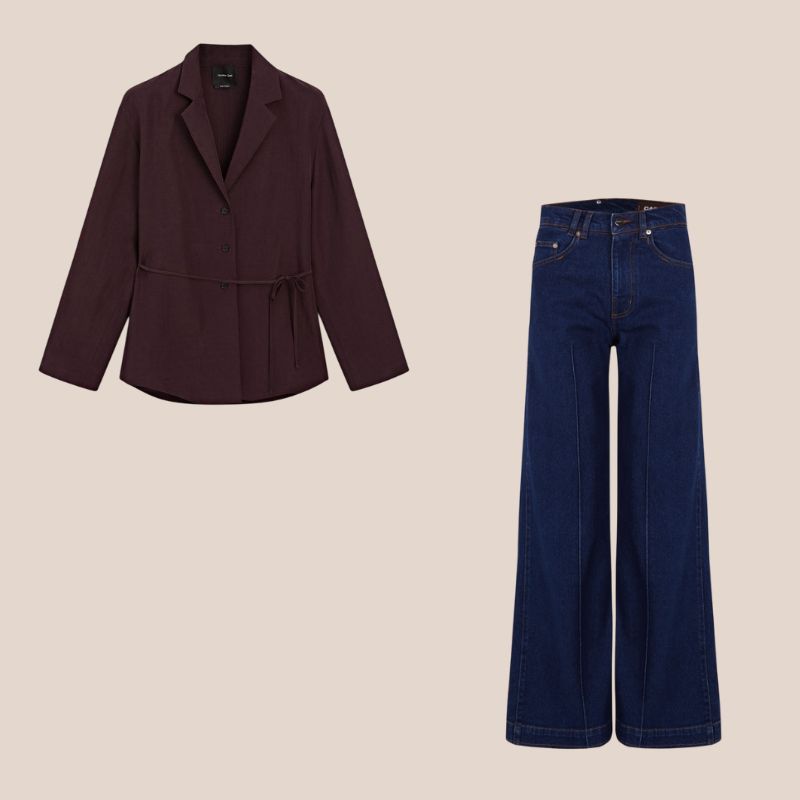 blazer marron y vaqueros oscuros