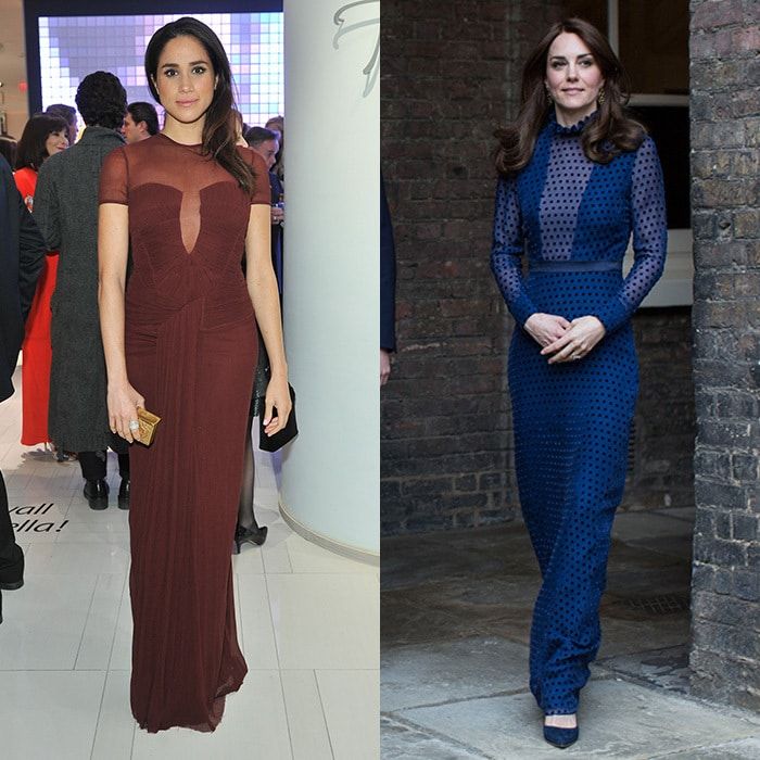 <B>Sheer perfection</B>
Both Duchess Kate and Meghan have been known to wear illusion bodice dresses that are far from showy, as discreet as they are elegant. In 2016 Duchess Kate wore a Saloni London maxi dress for a Kensington Palace reception before her trip to India with Prince William. The transparent cut-out look wasn't unlike the one chosen by Meghan Markle, in burgundy, as she attended an Isabella Blow Foundation party in Toronto in 2014.
Photos: Warren Allott - WPA Pool/Getty Images, George Pimentel/WireImage